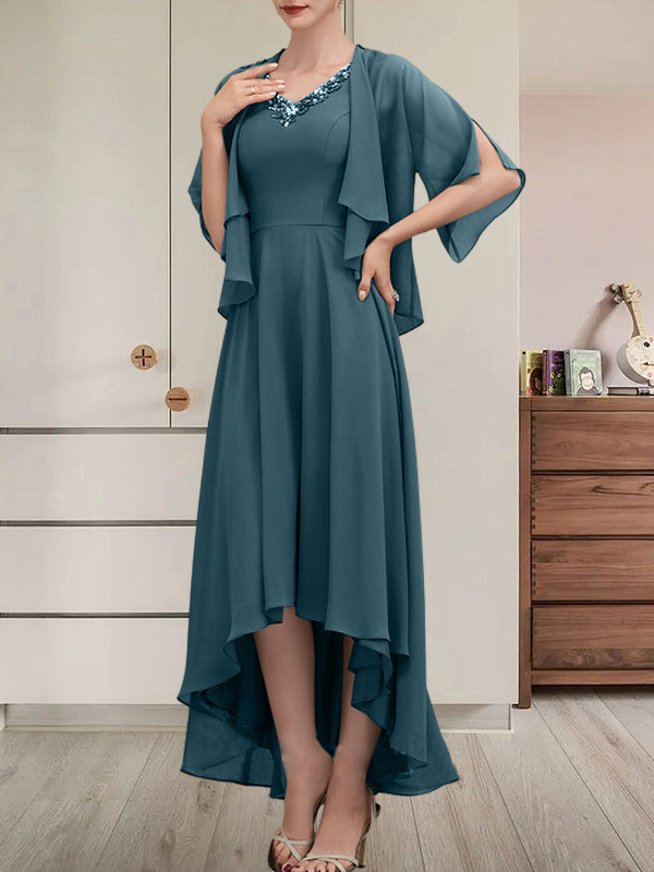 Vestido de corte A, escote en V, asimétrico, de gasa, para la madre de la novia, con lentejuelas y pedrería.