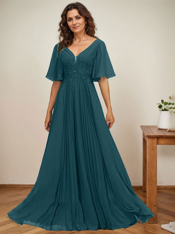 Vestido de corte A, escote en V, largo hasta el suelo, de gasa, para la madre de la novia, con apliques de lentejuelas y encaje plisado. 