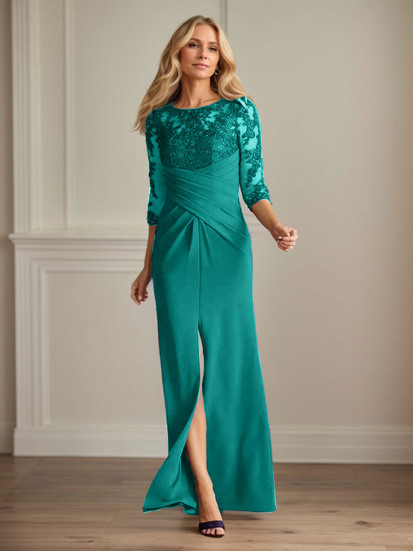 Vestido de madrina de la novia color ciruela, de encaje elástico y corte sirena. 
