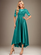 Robe de mère de la mariée asymétrique en satin stretch dentelle et dentelle, coupe trapèze, effet illusion, ornée de sequins 