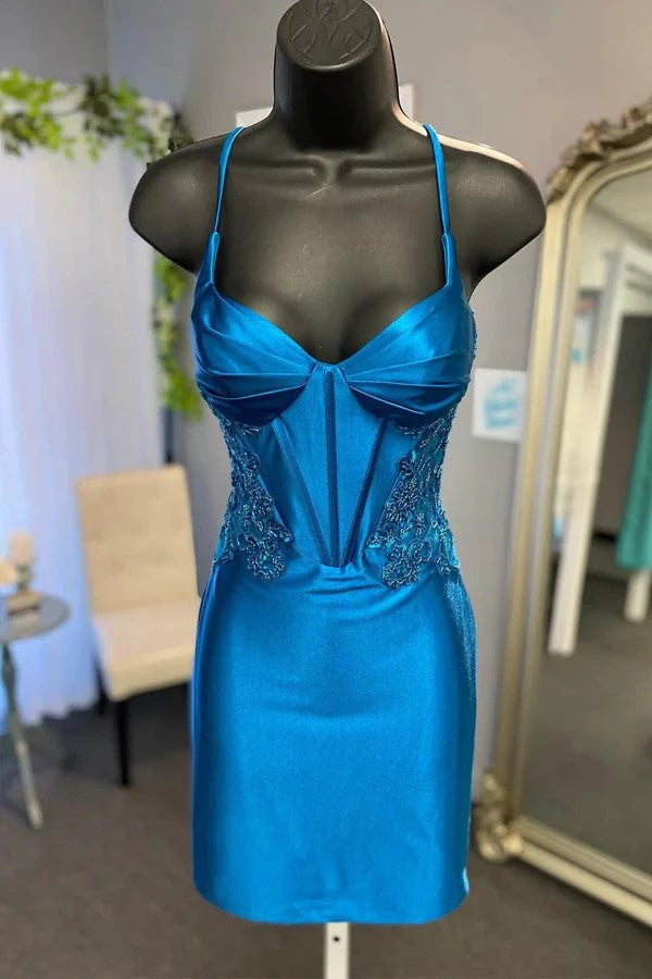 Vestido corto de fiesta azul pavo real con corsé y apliques PD513