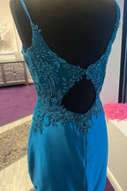Vestido corto de fiesta azul pavo real con corsé y apliques PD513