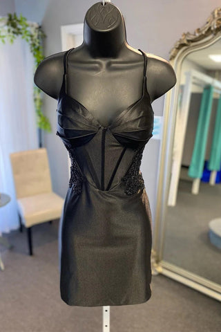 Vestido corto de fiesta azul pavo real con corsé y apliques PD513