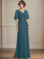 Vestido de corte A, escote en V, largo hasta el suelo, de gasa, para la madre de la novia, con apliques de lentejuelas plisadas y encaje.