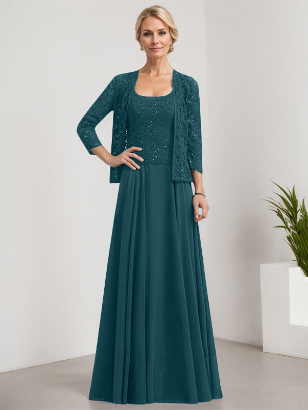 Vestido de corte A, cuadrado, largo hasta el suelo, de encaje y gasa con lentejuelas para la madre de la novia 