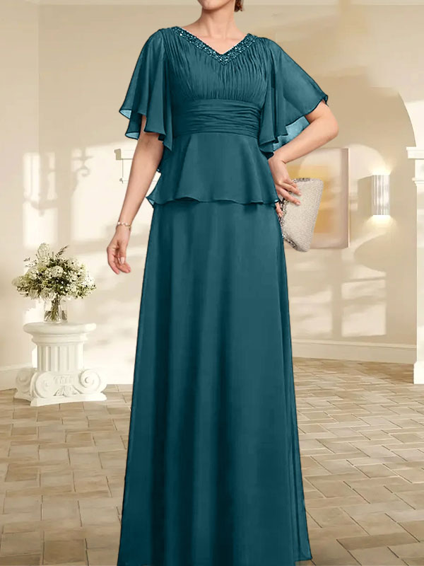 Vestido de gasa de corte A, escote en V, largo hasta el suelo, para la madre de la novia, con plisados ​​y cuentas.