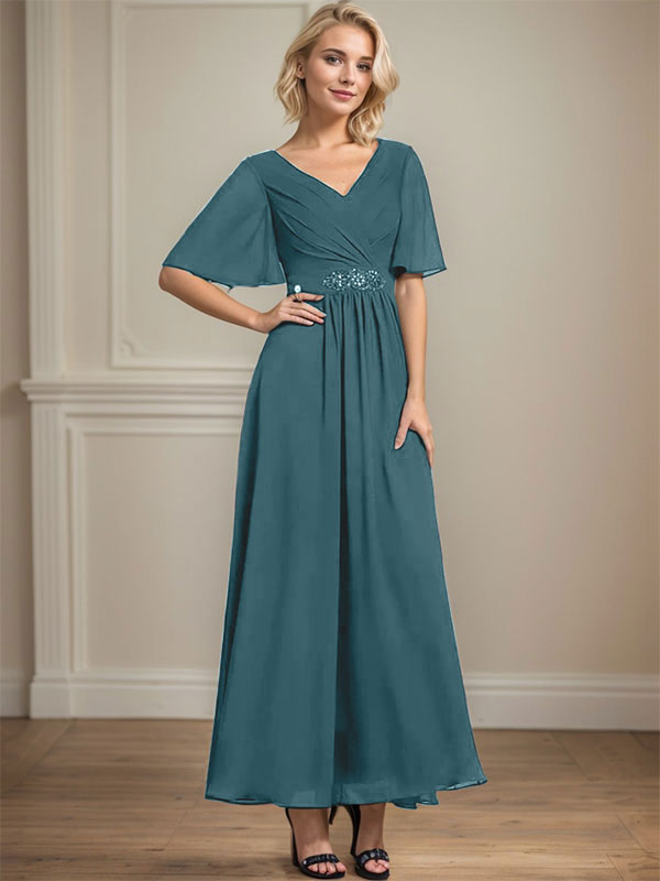 Robe de mère de la mariée en mousseline de soie, coupe trapèze, col en V, longueur cheville, ornée de sequins et de perles plissées
