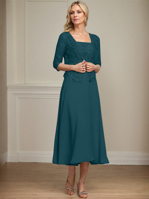 Vestido de corte A, largo midi, de gasa, encaje y lentejuelas para la madre de la novia. 
