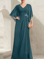 Vestido de corte recto/columna, escote en V, largo hasta el suelo, de gasa, para la madre de la novia, con lentejuelas plisadas y pedrería.