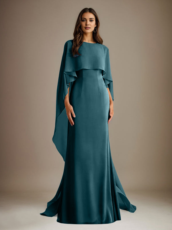Vestido de gasa de corte recto/columna, escote barco y largo hasta el suelo, para la madre de la novia, con volantes en cascada. 