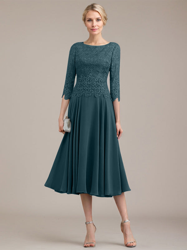 Vestido de corte A con escote redondo y largo hasta la rodilla en gasa de encaje para la madre de la novia 