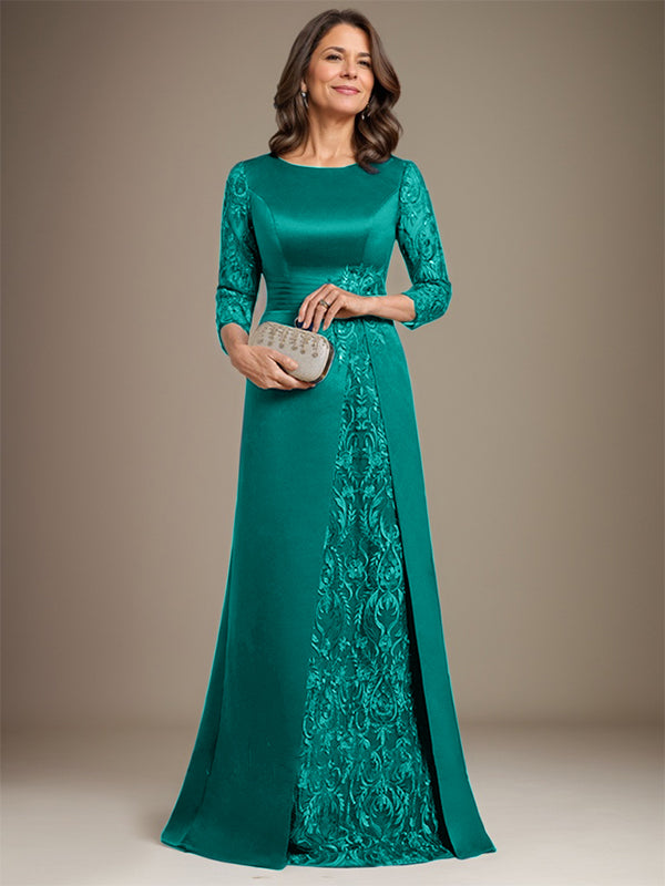 Vestido de novia de corte A, escote redondo, largo hasta el suelo, de satén de encaje, con apliques, para la madre de la novia. 