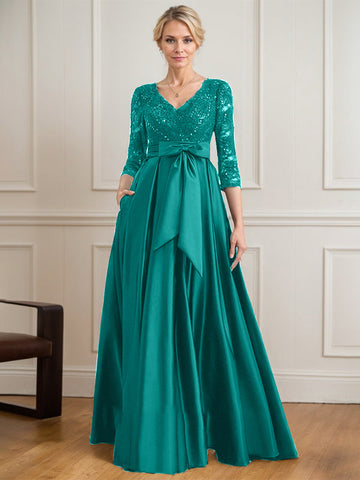 A-line V-Neck Floor-Length Satin Lace Mother of the Bride Dress With Sequins Bow