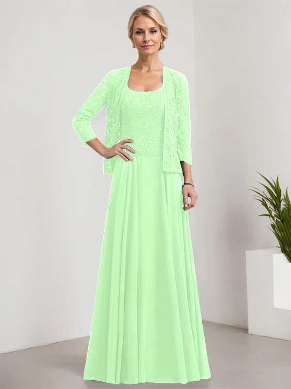 Vestido de corte A, cuadrado, largo hasta el suelo, de encaje y gasa con lentejuelas para la madre de la novia 