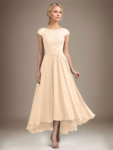 A-line Scoop Illusion Asymmetrical Lace Chiffon Mother of the Bride Dress With Pleated
