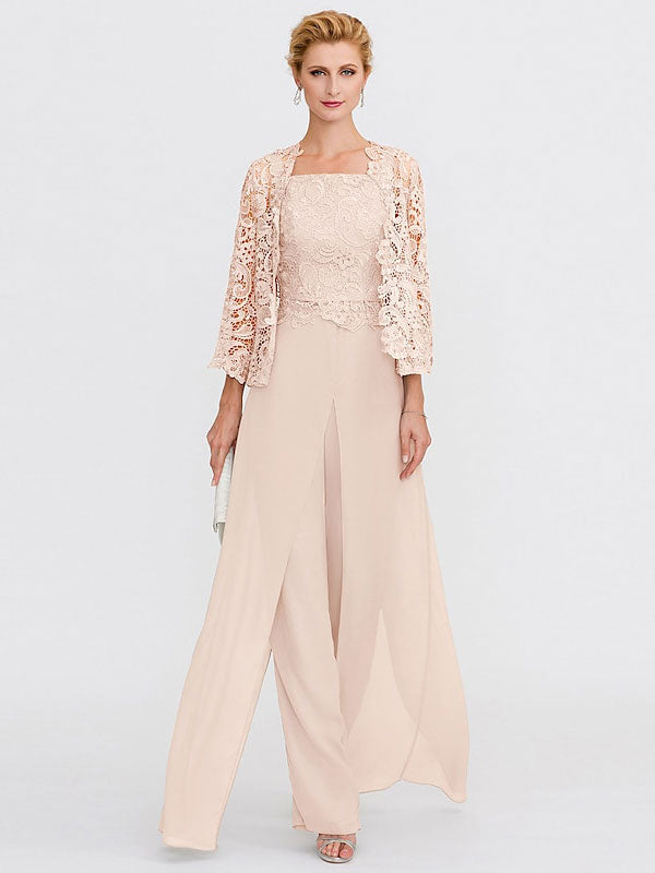 Traje pantalón de chifón de tres piezas con escote cuadrado y chaqueta para la madre de la novia 