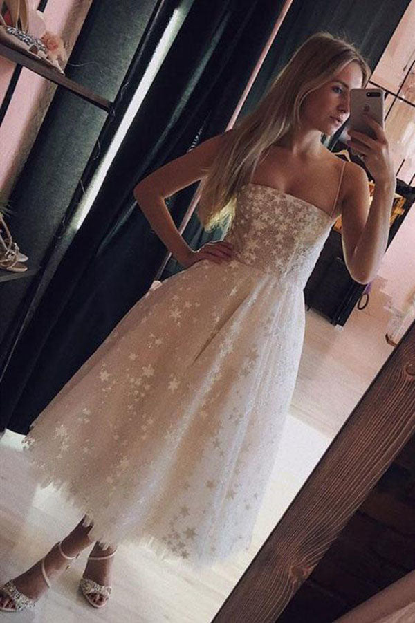 Robe de bal de promo en tulle rose perle, coupe trapèze, bretelles spaghetti, longueur thé