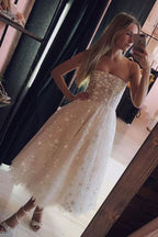 Robe de bal de promo en tulle rose perle, coupe trapèze, bretelles spaghetti, longueur thé