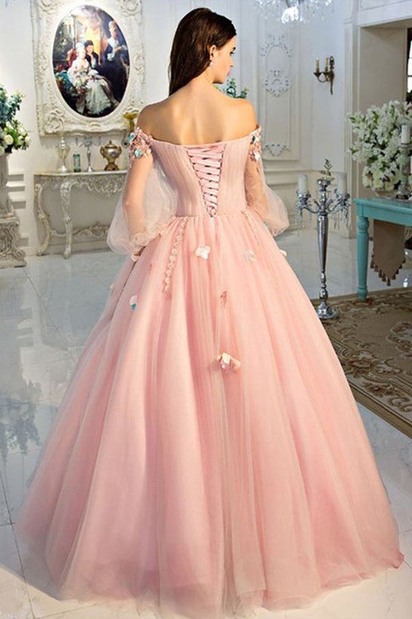 Tulle Ball Gown Off-the-Shoulder Long Sleeves Prom Dresses