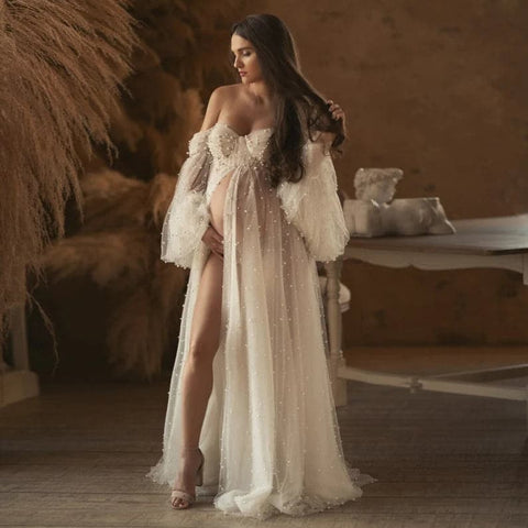 Vestido de maternidad con perlas para sesión de fotos Vestido de tul con perlas