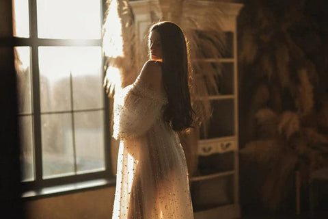 Vestido de maternidad con perlas para sesión de fotos Vestido de tul con perlas