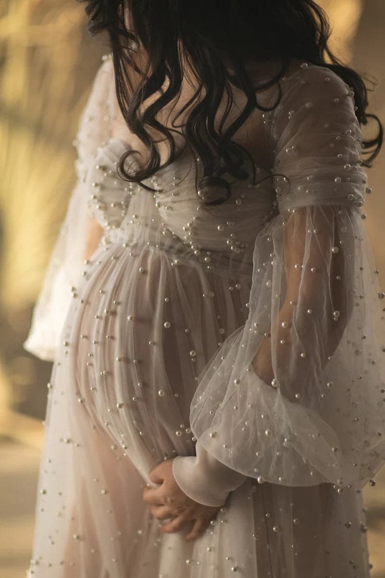 Vestido de maternidad con perlas para sesión de fotos Vestido de tul con perlas