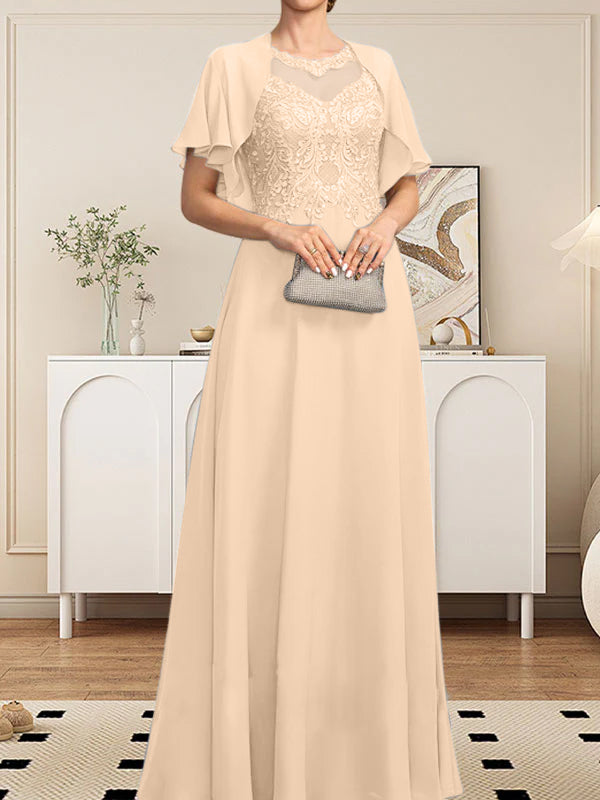 Robe de mère de la mariée en mousseline de dentelle, coupe trapèze, décolleté illusion, longueur au sol, ornée de sequins