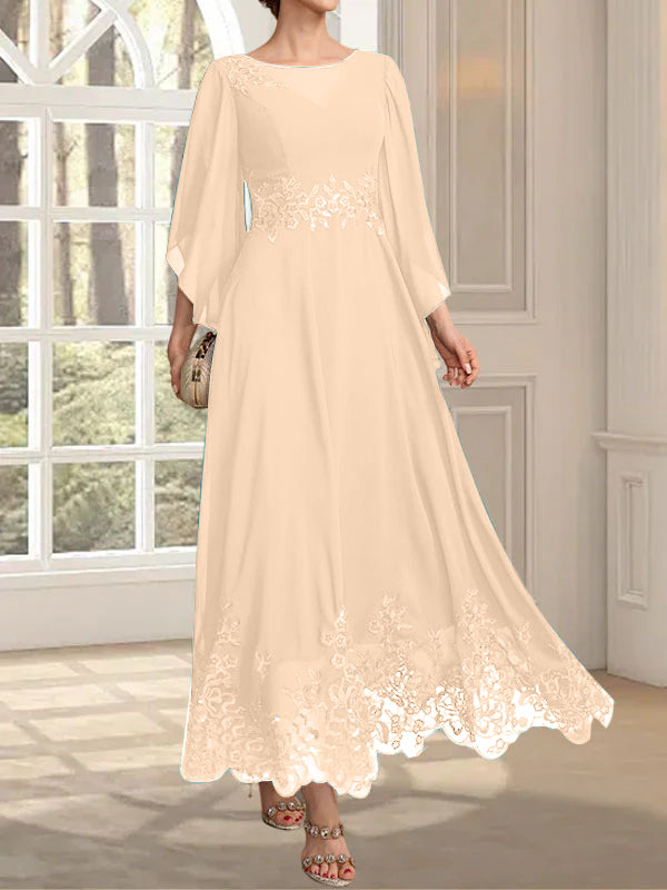 Robe de mère de la mariée en mousseline de dentelle, coupe trapèze, décolleté illusion, longueur cheville, ornée de sequins 