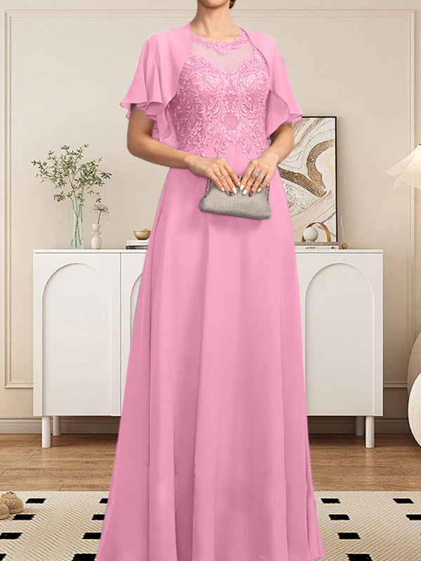 Robe de mère de la mariée en mousseline de dentelle, coupe trapèze, décolleté illusion, longueur au sol, ornée de sequins