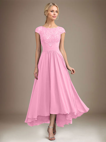 A-line Scoop Illusion Asymmetrical Lace Chiffon Mother of the Bride Dress With Pleated