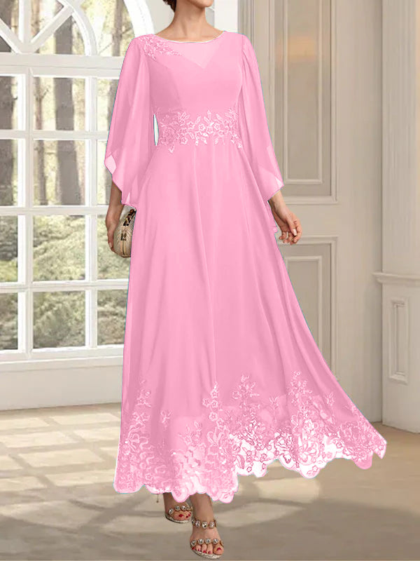 Robe de mère de la mariée en mousseline de dentelle, coupe trapèze, décolleté illusion, longueur cheville, ornée de sequins 