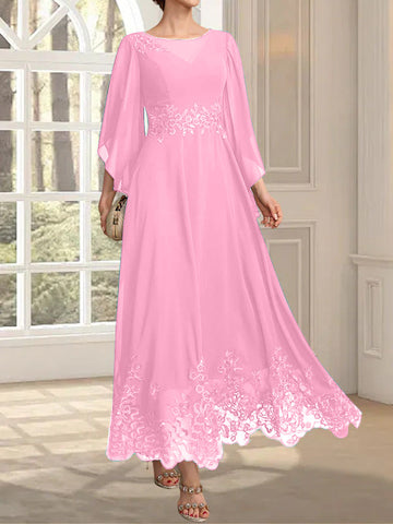 A-line Scoop Illusion Ankle-Length Lace Chiffon Mother of the Bride Dress With Sequins