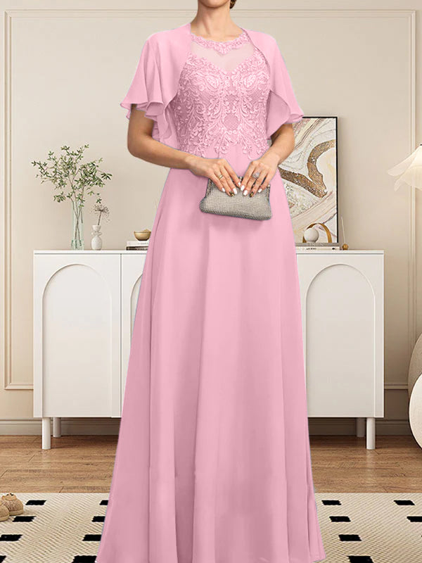 Robe de mère de la mariée en mousseline de dentelle, coupe trapèze, décolleté illusion, longueur au sol, ornée de sequins