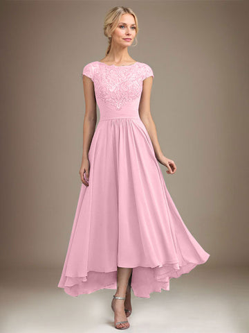 A-line Scoop Illusion Asymmetrical Lace Chiffon Mother of the Bride Dress With Pleated