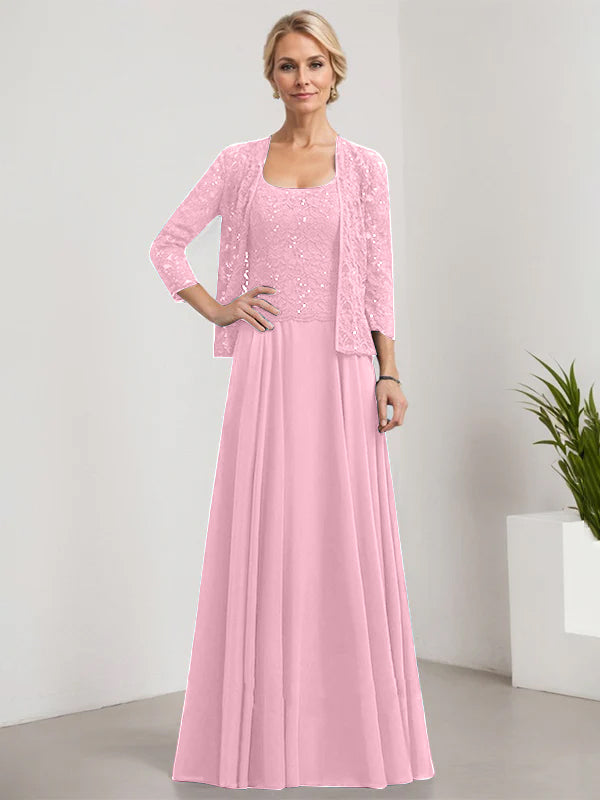 Vestido de corte A, cuadrado, largo hasta el suelo, de encaje y gasa con lentejuelas para la madre de la novia 