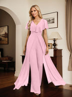 Combinaison-pantalon robe de soirée longue en mousseline à col en V