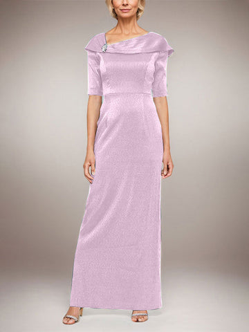 Long Shimmer Column Dress with Foldover Cuff L-Neckline and Elbow Sleeves