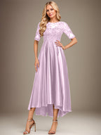 Robe de mère de la mariée asymétrique en satin stretch dentelle et dentelle, coupe trapèze, effet illusion, ornée de sequins 