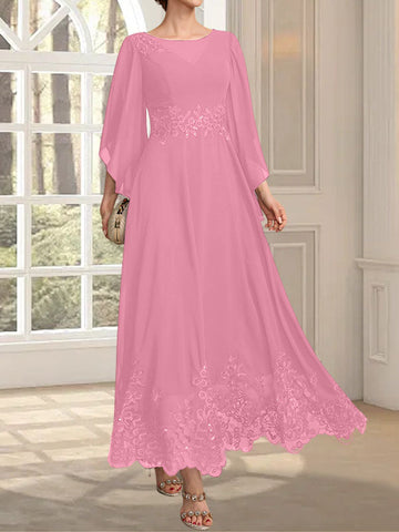 A-line Scoop Illusion Ankle-Length Lace Chiffon Mother of the Bride Dress With Sequins