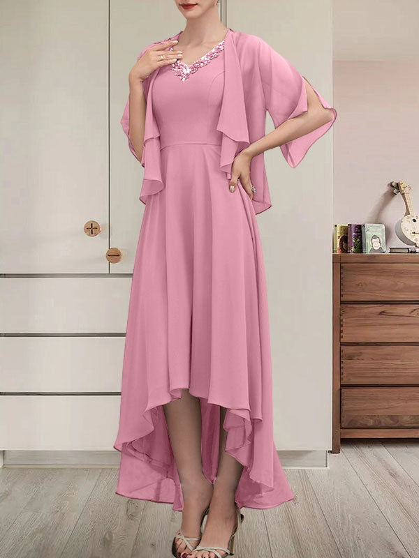 Vestido de corte A, escote en V, asimétrico, de gasa, para la madre de la novia, con lentejuelas y pedrería.