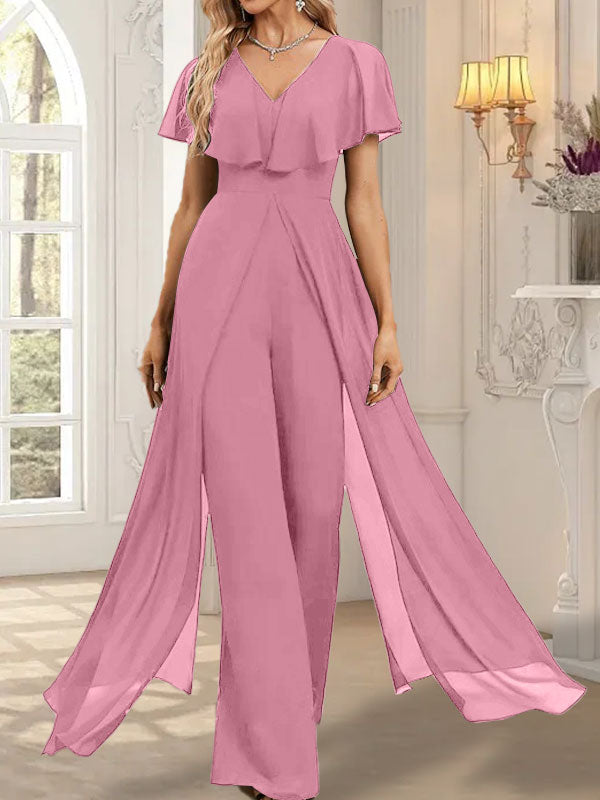 Combinaison-pantalon robe de soirée longue en mousseline à col en V