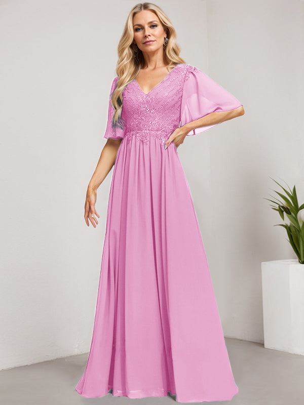 Vestido de novia de corte A, escote en V, largo hasta el suelo, de gasa de encaje con lentejuelas para la madre de la novia 
