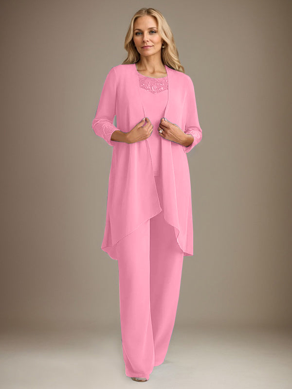 Traje pantalón de gasa con escote redondo y mangas largas para la madre de la novia, con chaqueta. 