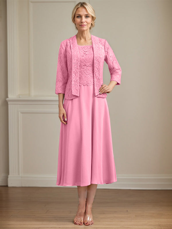 Vestido de corte A con escote redondo y largo hasta la rodilla en gasa de encaje para la madre de la novia 