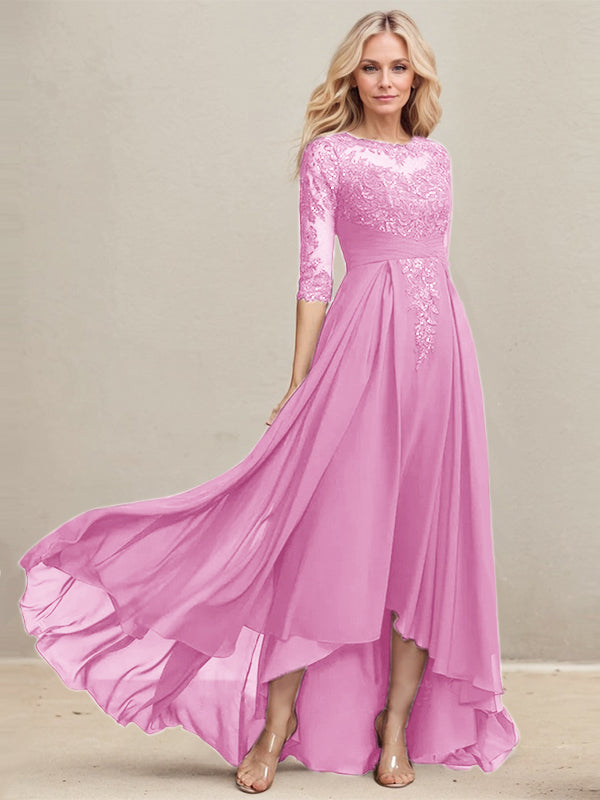 Vestido de madrina de la novia, corte en A, escote redondo ilusión, asimétrico, de encaje y gasa con lentejuelas plisadas. 