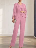 Combinaison/Tailleur-pantalon deux pièces, robe longue en mousseline à col V pour la mère de la mariée