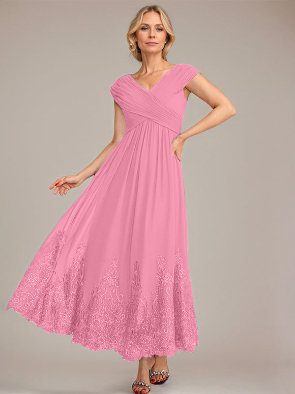 Vestido de gasa de corte evasé, escote en V, largo hasta el tobillo, para la madre de la novia, con apliques de lentejuelas. 