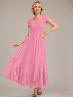 Vestido de gasa de corte evasé, escote en V, largo hasta el tobillo, para la madre de la novia, con apliques de lentejuelas. 