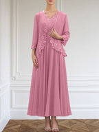 Vestido de corte A, escote en V, largo hasta el tobillo, de gasa, para la madre de la novia, con apliques de lentejuelas, encaje y pedrería.