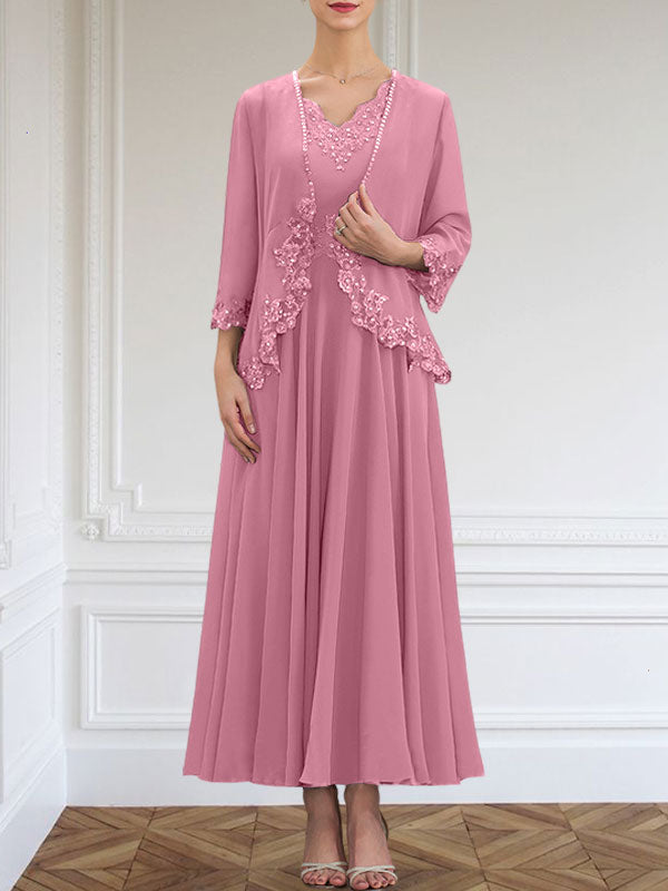 Vestido de corte A, escote en V, largo hasta el tobillo, de gasa, para la madre de la novia, con apliques de lentejuelas, encaje y pedrería.